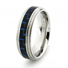 Stainless Steel Blue & Black Carbon Fiber Inlay Ring