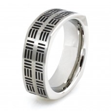 Squared Stainless Steel Three-Line Pattern Ring