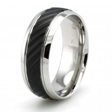 Two-Tone Black Stainless Steel Multi-Faceted Slanted Grooved Ring