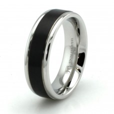 Two-Tone Stainless Steel Grooved Black Resin Strip Ring