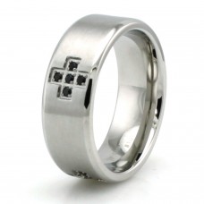 Stainless Steel Brushed Finish Black Cubic Zirconia Cross Ring