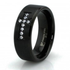 Stainless Steel Cubic Zirconia Cross Black Satin Finish Ring