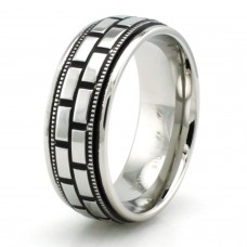 Stainless Steel High Polish Brick & Grain Design Ring