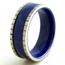 Stainless Steel Ceramic Royal Blue Block Edges Ring