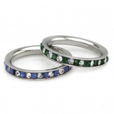 3mm Stainless Steel Eternity Emerald & Blue Sapphire Color / Clear Crystal Stackable Set Ring