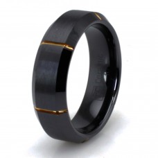 Black Ceramic Grooved Gold Plated Beveled Edge Ring