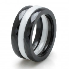 Ceramic Black & White 3mm Stackable Multi Faceted Ring (2 black / 1 white) Set