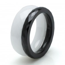 Ceramic Black & White Stackable Multi Faceted Ring (3mm black / 6mm white) Set