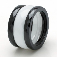 Ceramic Black & White Stackable Multi Faceted Ring (2 pc 3mm black / 1 pc 6mm white) Set 